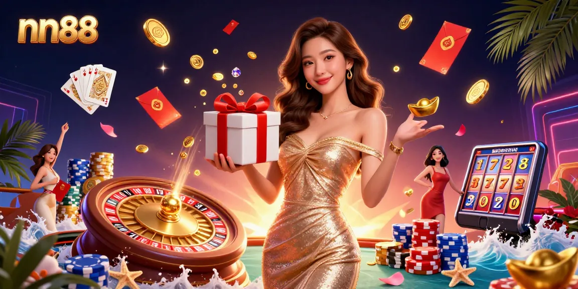 Experience the festive excitement of nn88 casino with floating golden coins and a welcoming character.
