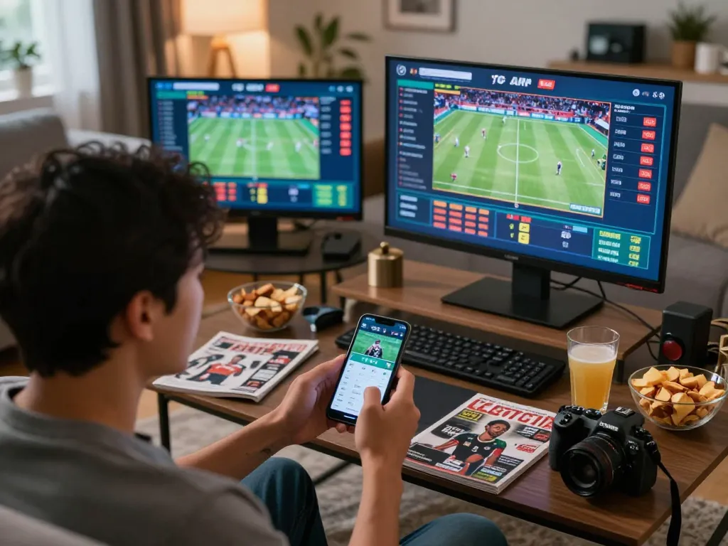 Excited player using lucky88 mobile app to place sports bets in a cozy living room.