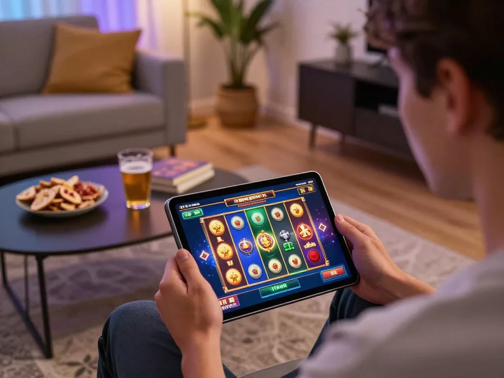 Playing engaging slot online game on a tablet during a cozy home gaming session