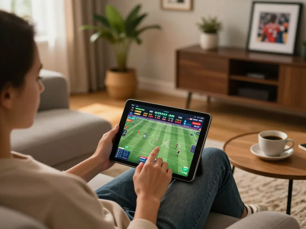 Engaging in live sports betting on Bsport 6 using a tablet in a cozy home setting