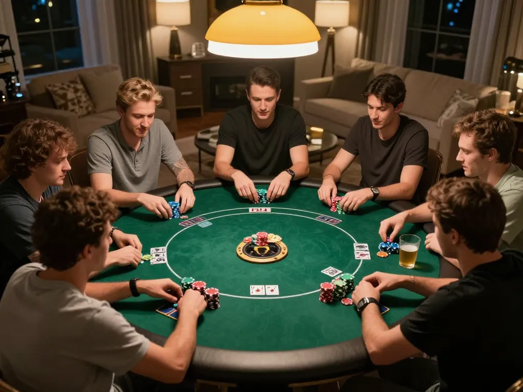 Engaged friends playing Texas Hold'em during a cozy poker night at home, featuring Trang chủ Sky88 gaming strategies.