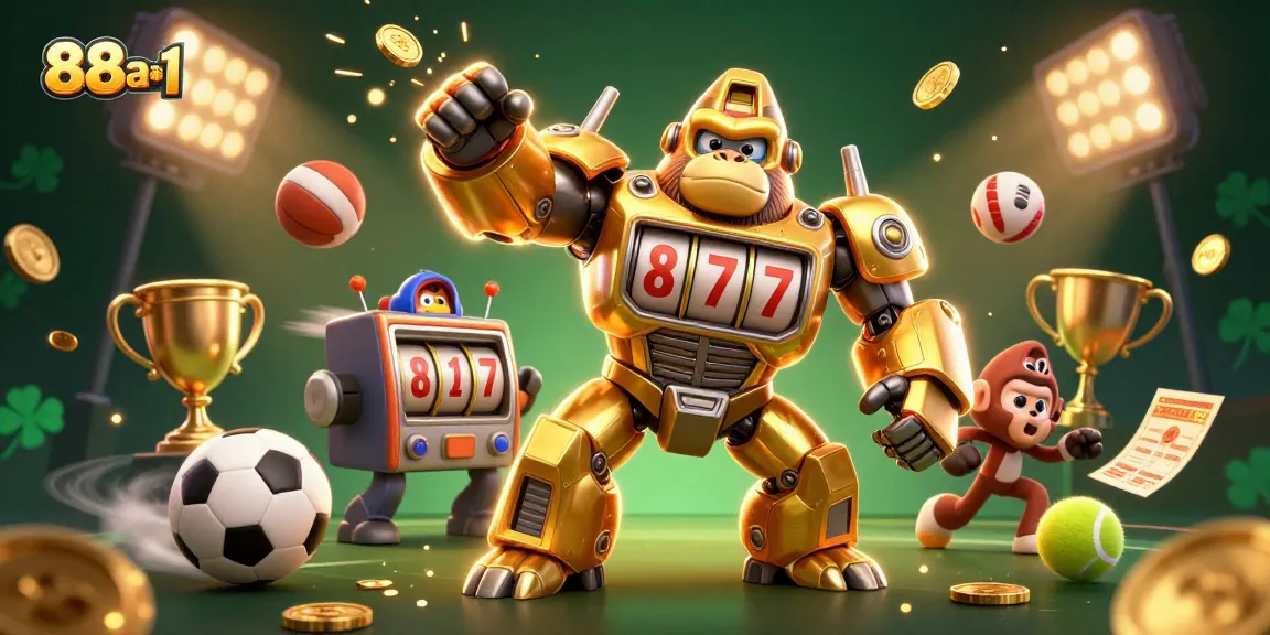 88aa1 casino digital illustration featuring a golden gorilla mech and dynamic sports elements.