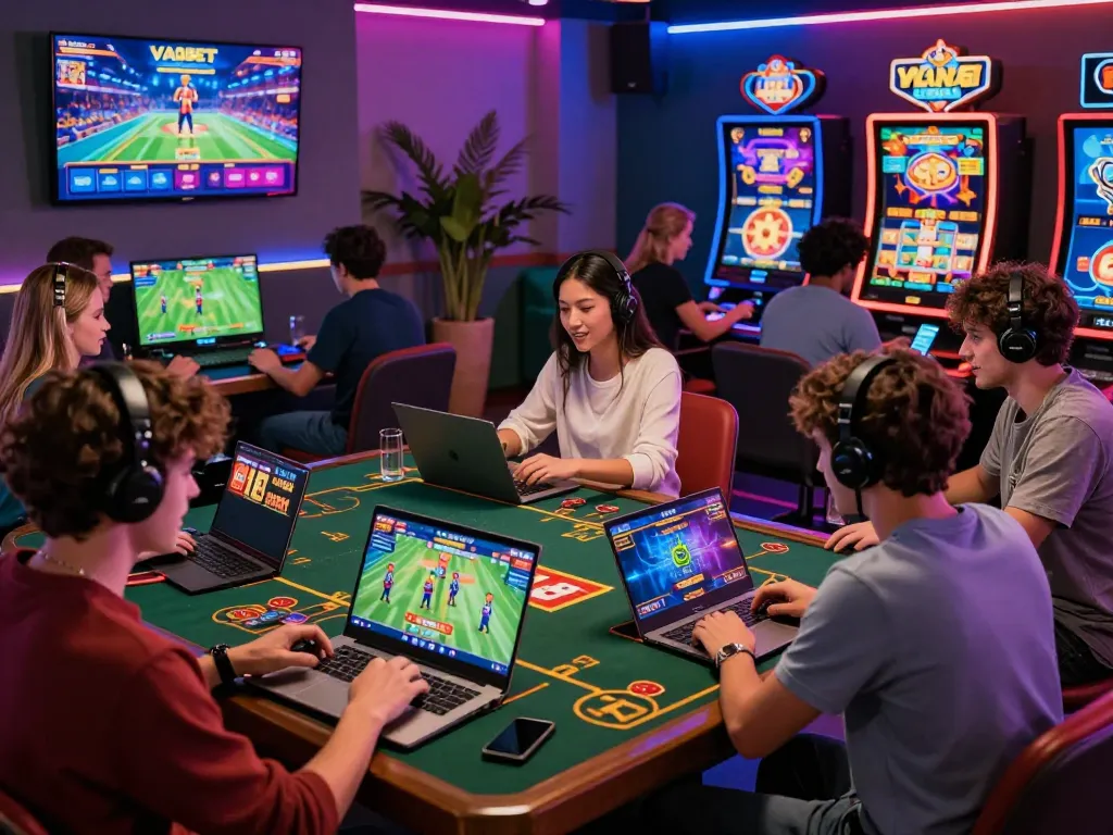 Players enjoying interactive betting games on the VAOBET platform in a vibrant gaming lounge.