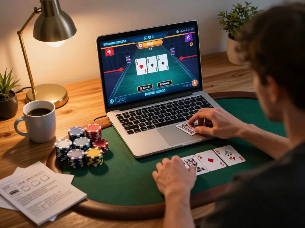 Player engaged in an online poker game at home, showcasing jun 88 strategy with stacked chips and focused atmosphere.