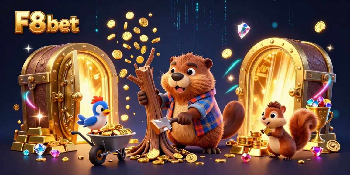 Experience F8 bet's dynamic casino adventure with a beaver collecting golden coins and jackpots.