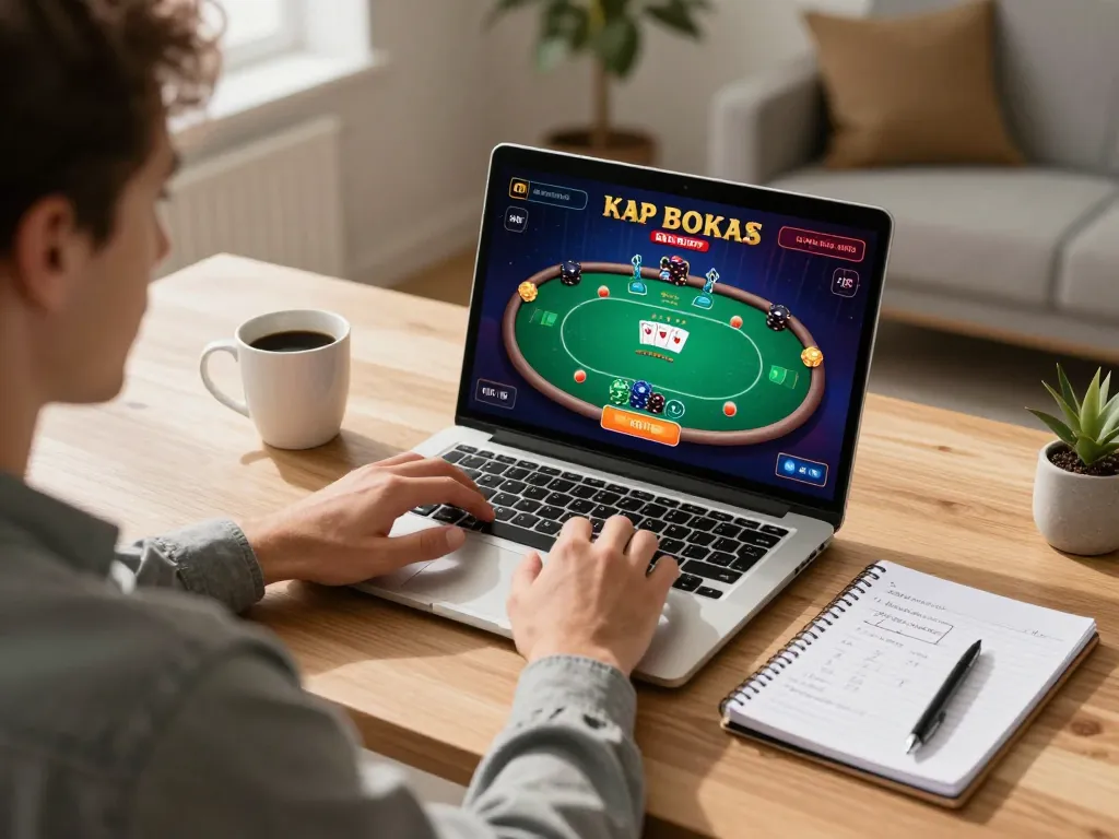 tr88 player engaged in online poker game at home, showcasing strategy notes and gaming setup