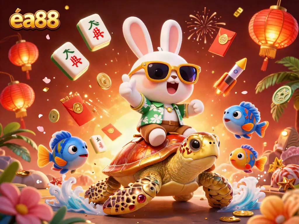ea88 players celebrating jackpots with a lucky rabbit and golden turtle in a vibrant casino scene