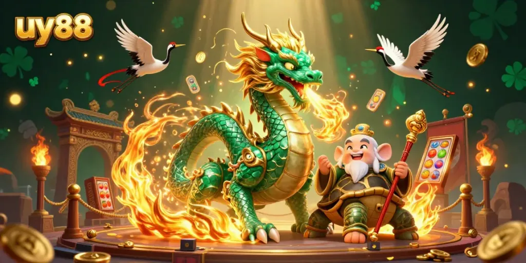 Experience thrilling gameplay with uy88, featuring a jade dragon, turtle sage, and dynamic casino elements.