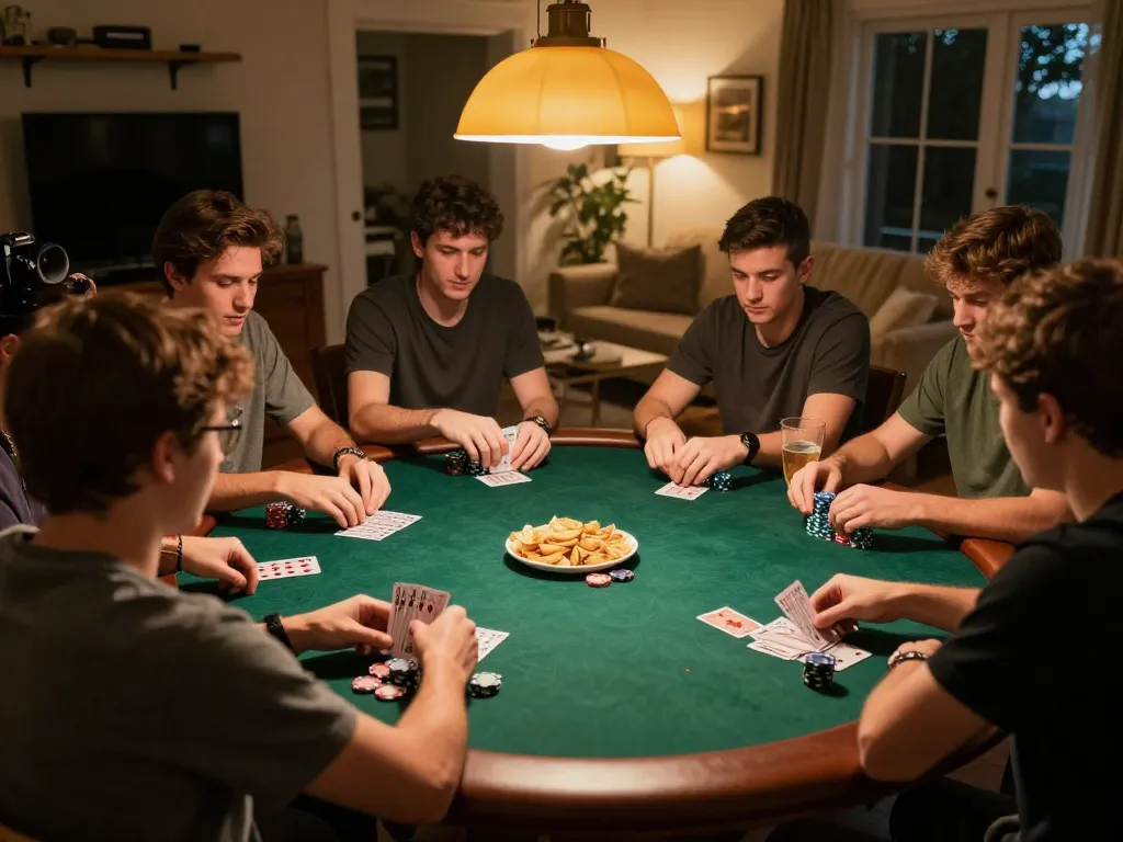 Friends engaging in a strategic poker game at home, emphasizing cm88's focus on enjoyable and responsible gambling.