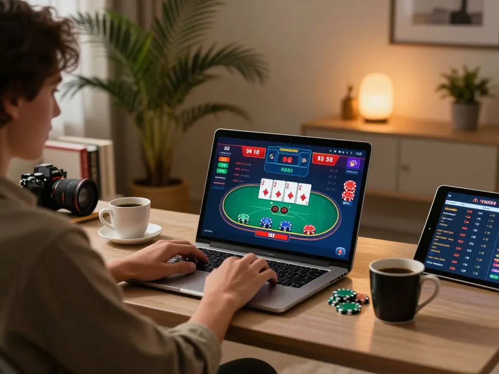 Good88 online player engaged in a thrilling poker game at home with cozy lighting and modern decor.