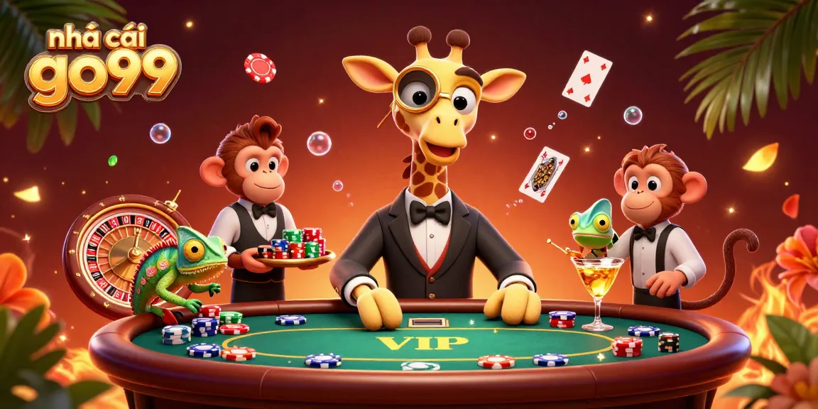 Engage with nhà cái go99 at this lively casino scene, showcasing a giraffe, monkey, and chameleon amidst vibrant game elements.