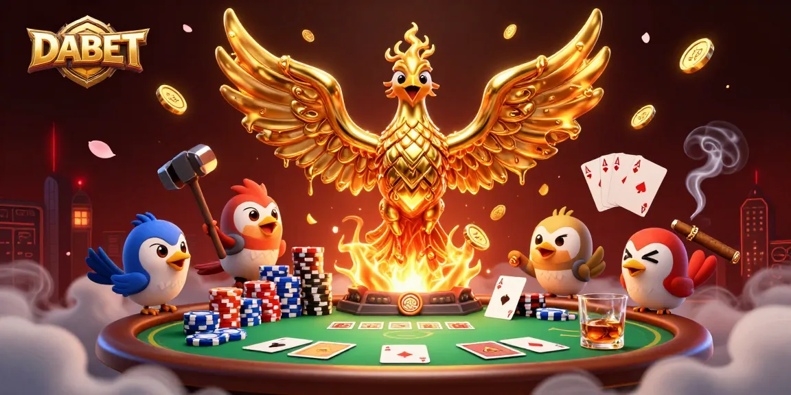 DABET players enjoy a vibrant casino scene featuring a golden phoenix and poker elements.