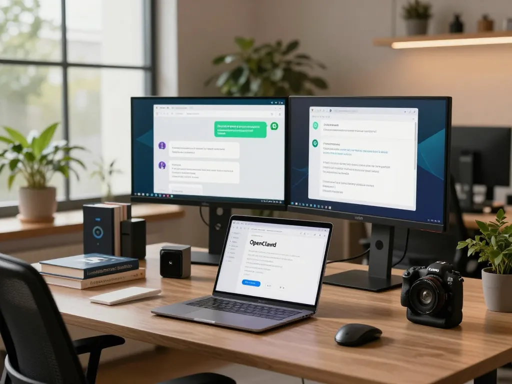 OpenClawd personal AI assistant displayed on dual monitors in a modern tech workspace.