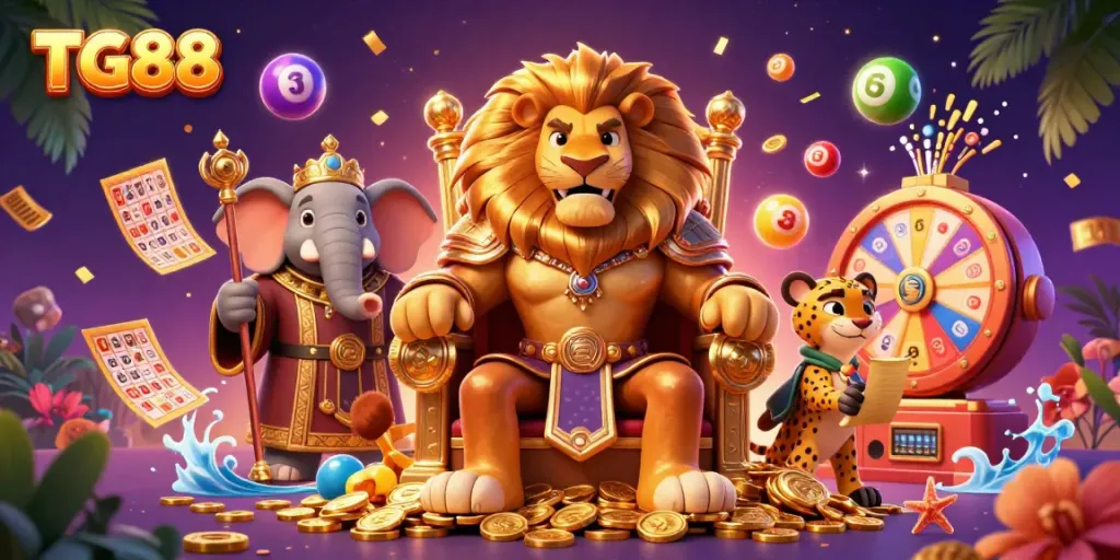 Experience excitement with TG88’s vibrant and dynamic casino illustration featuring a lion king.