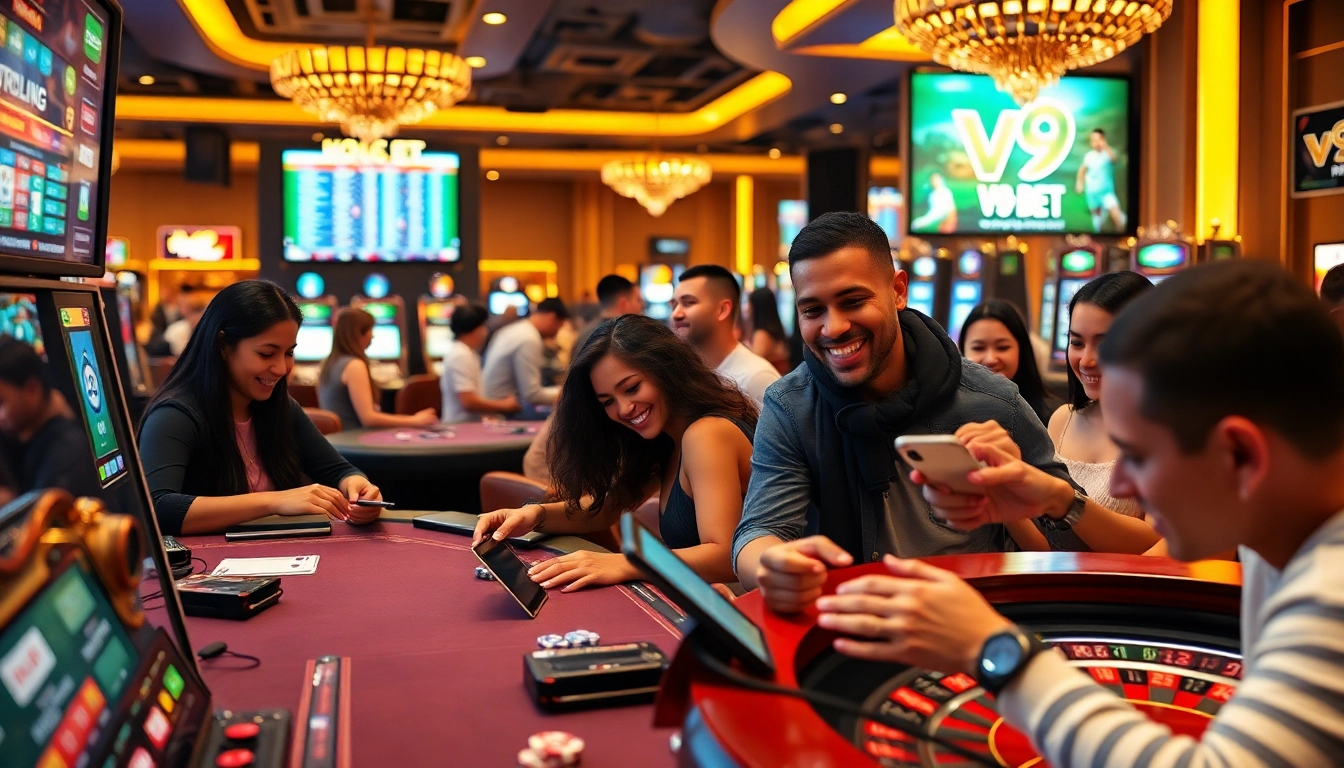 Players enjoying diverse gaming options at V9 bet casino, vibrant atmosphere.