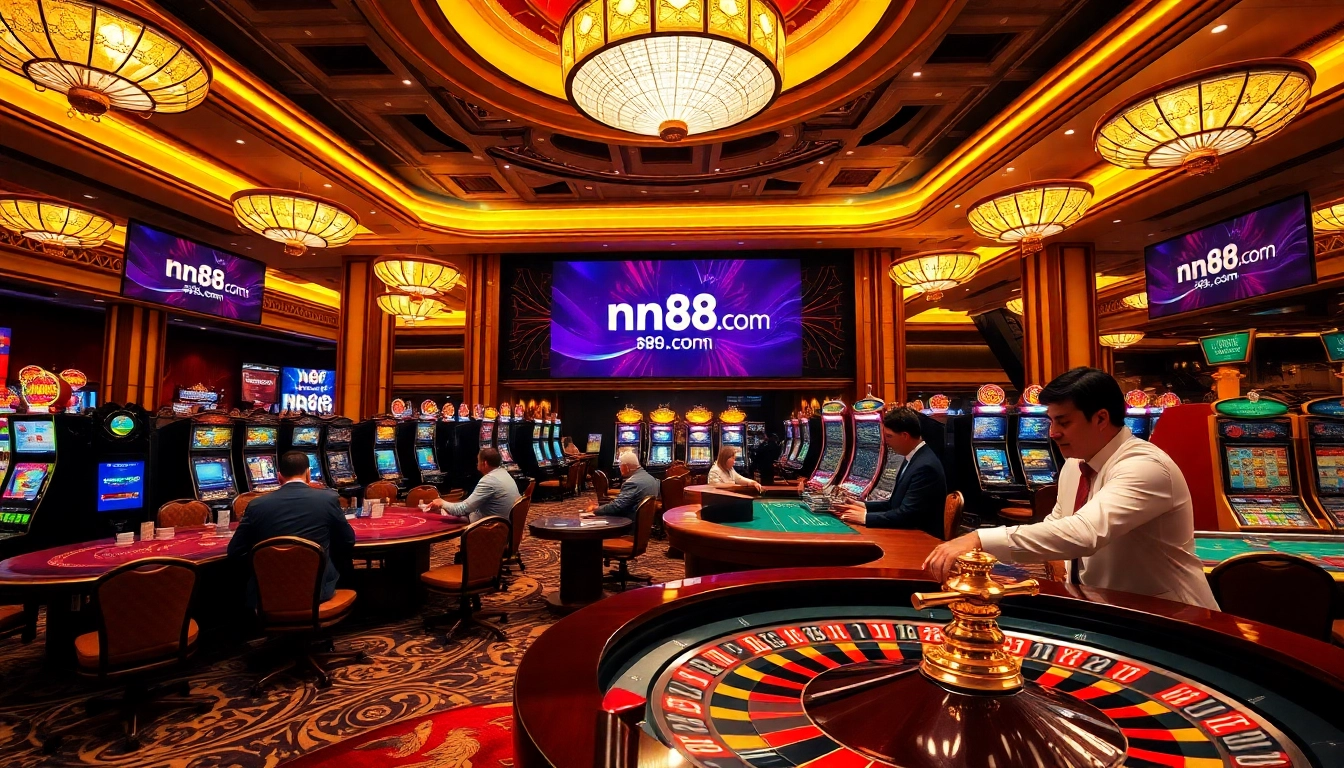 Engaging scene of a luxury casino showcasing nn88 com, with players at roulette and poker tables.