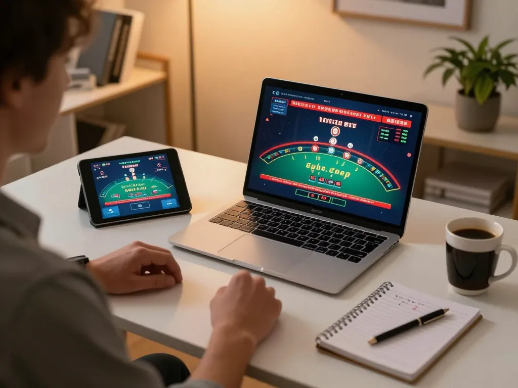 vin88 player engaged in live blackjack on laptop, showcasing strategic betting and focus.