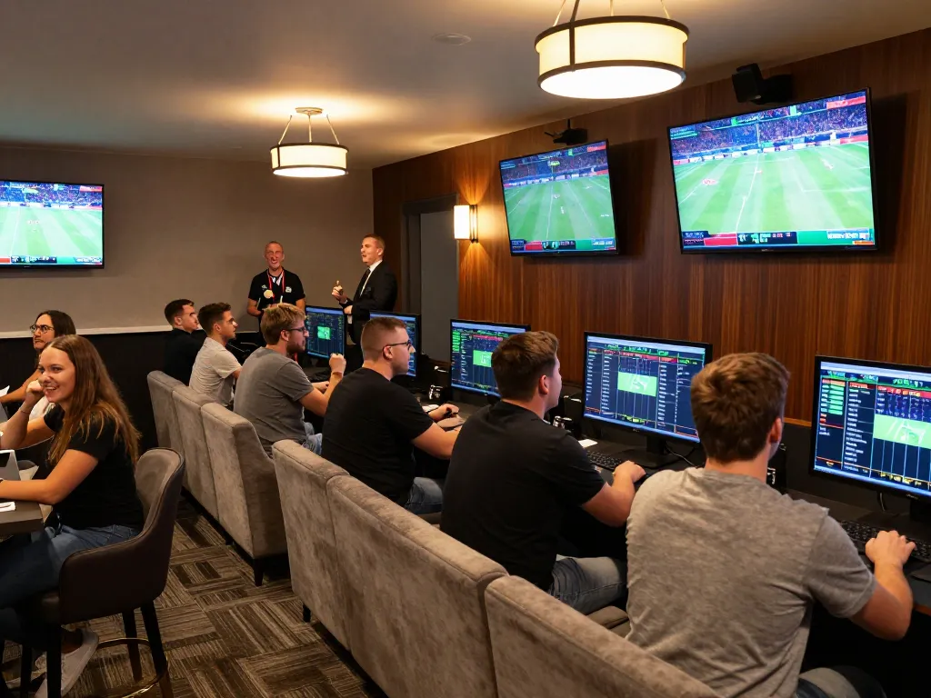 Betting enthusiasts analyzing odds in a lively sports betting room at max 88.