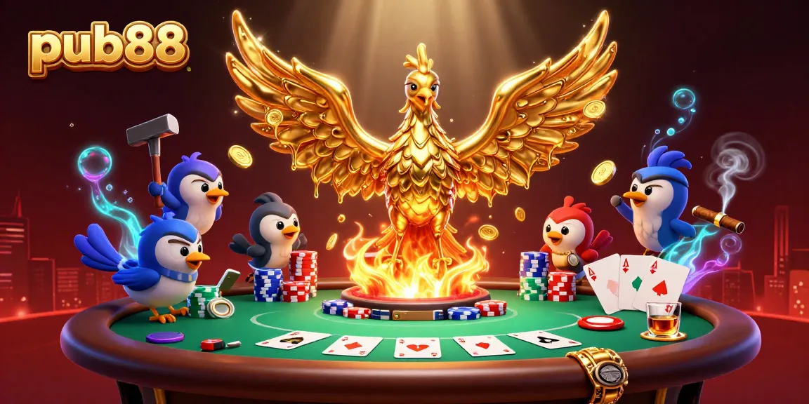 Play exciting games on Pub88 as a molten phoenix brings luck with gold and poker elements.