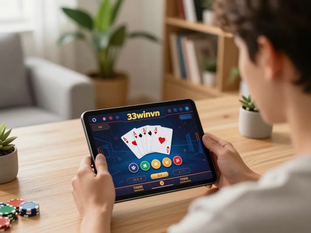 Engaged player using 33winvn for online poker strategy in a cozy home office.