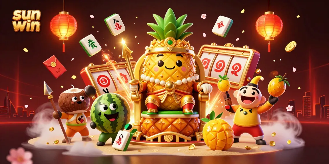Engage with the vibrant world of sun win, featuring a golden pineapple king and lively casino elements.