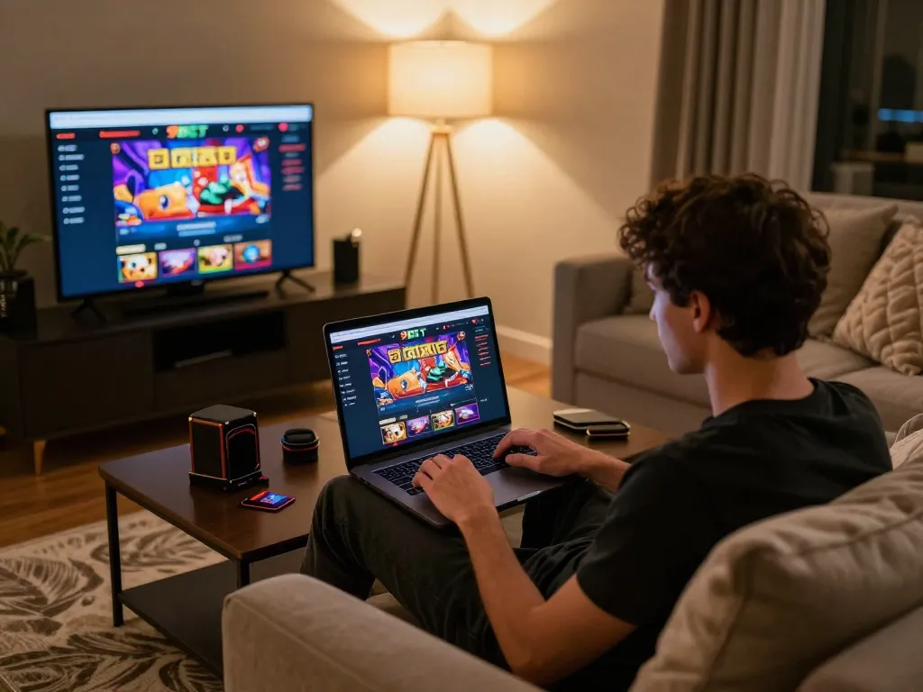 Engaging with 9BET on a laptop in a cozy home setting, emphasizing responsible online gaming