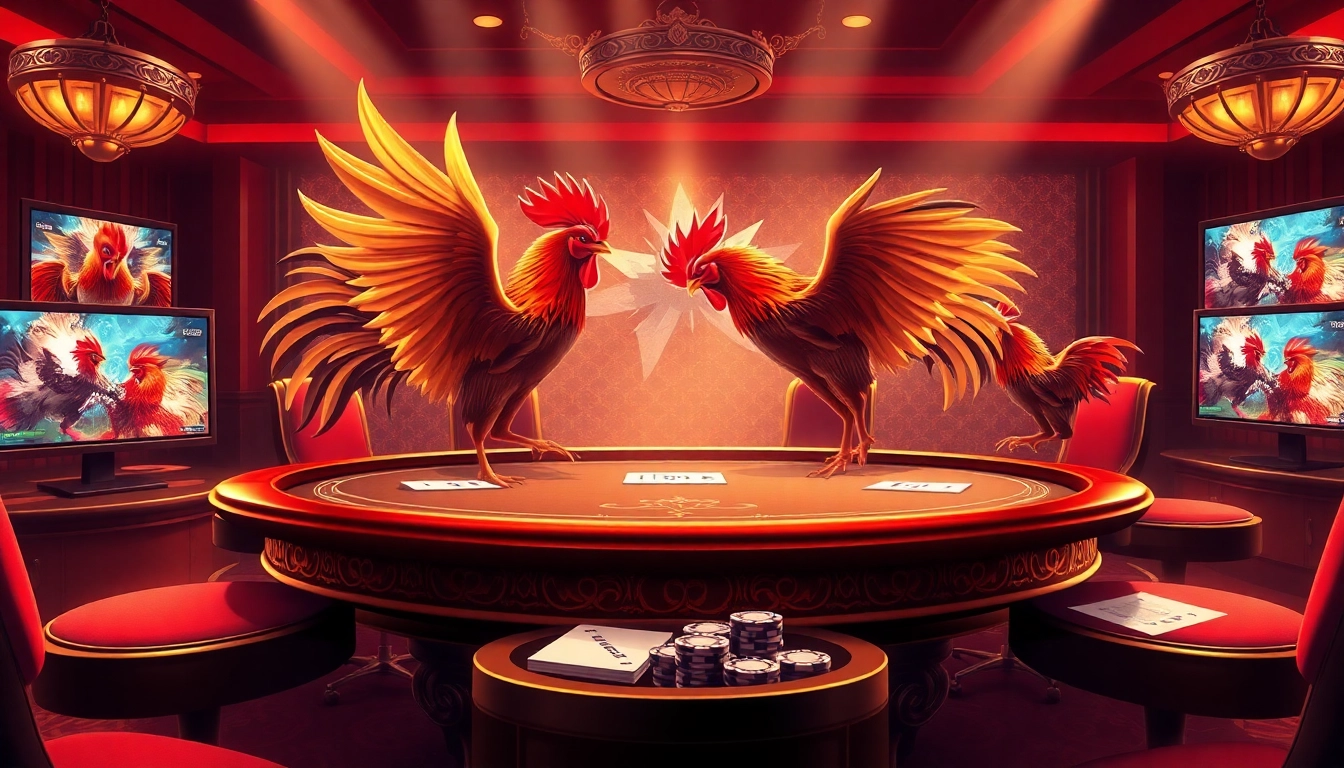 Alo789 Đá gà trực tiếp live betting scene featuring vibrant casino atmosphere and dynamic cockfighting action.