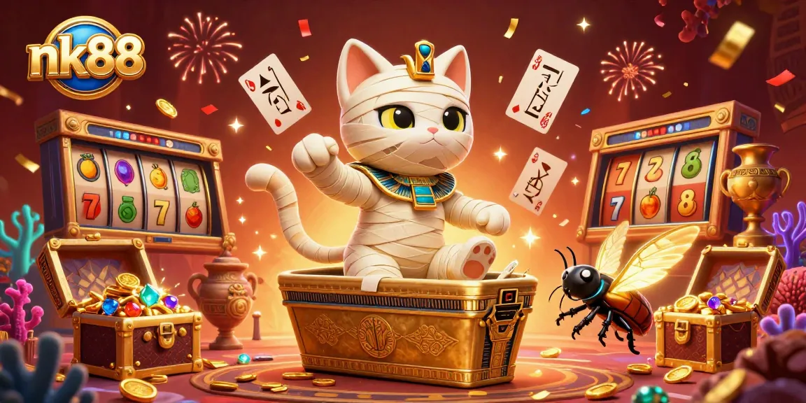Experience thrilling moments at nk88 with an Egyptian mummy cat and casino-themed elements in 3D.
