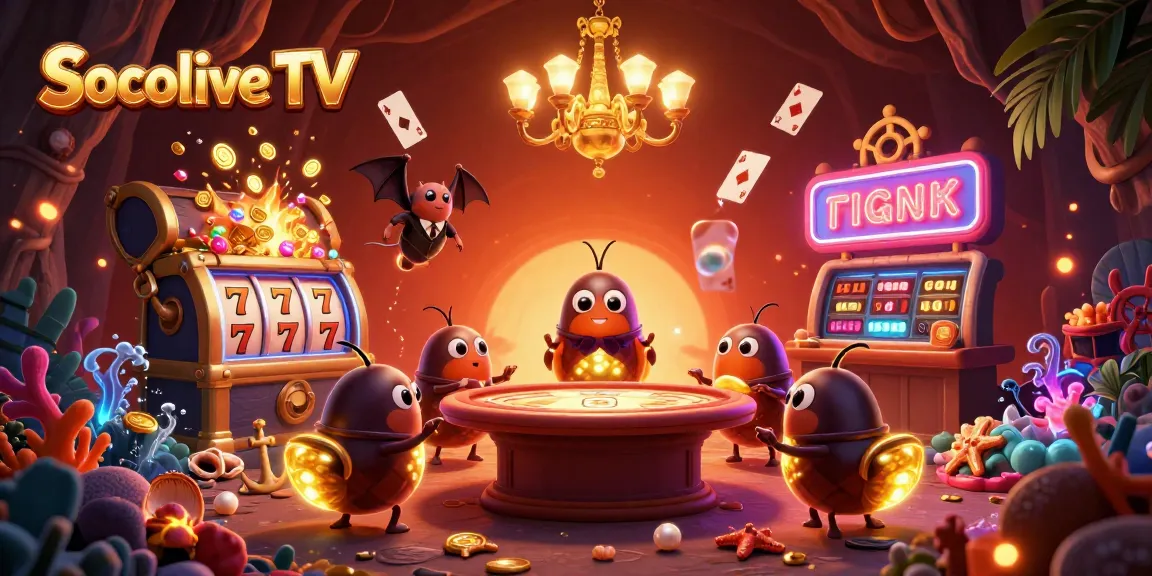 Socolive TV illuminates a vibrant casino scene with glowing glowworms, illuminating slot games and creating dynamic gameplay.