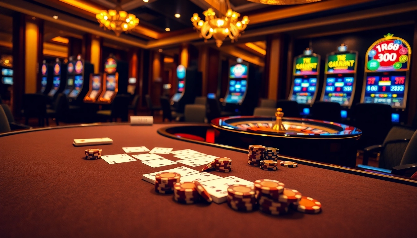 Experience RR88's thrilling casino environment with poker tables and vibrant slot machines.