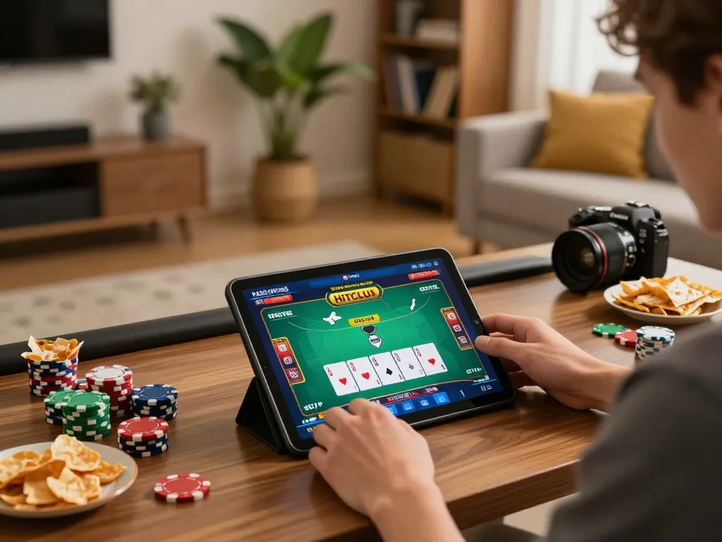 Player engaging with HITCLUB poker game on tablet in a cozy home setting