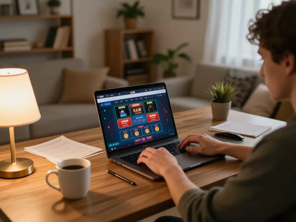 Player engaging with ALO8 online casino on laptop, enjoying a cozy gaming experience.
