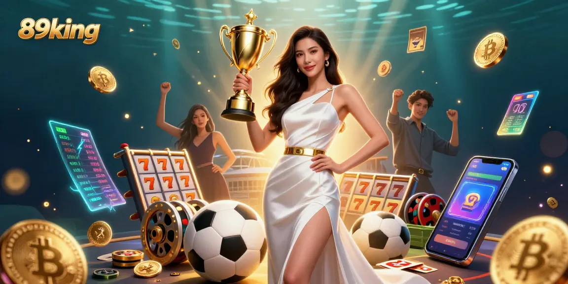 Experience the excitement of winnings at 89king with a victorious character holding a trophy amidst slot games.