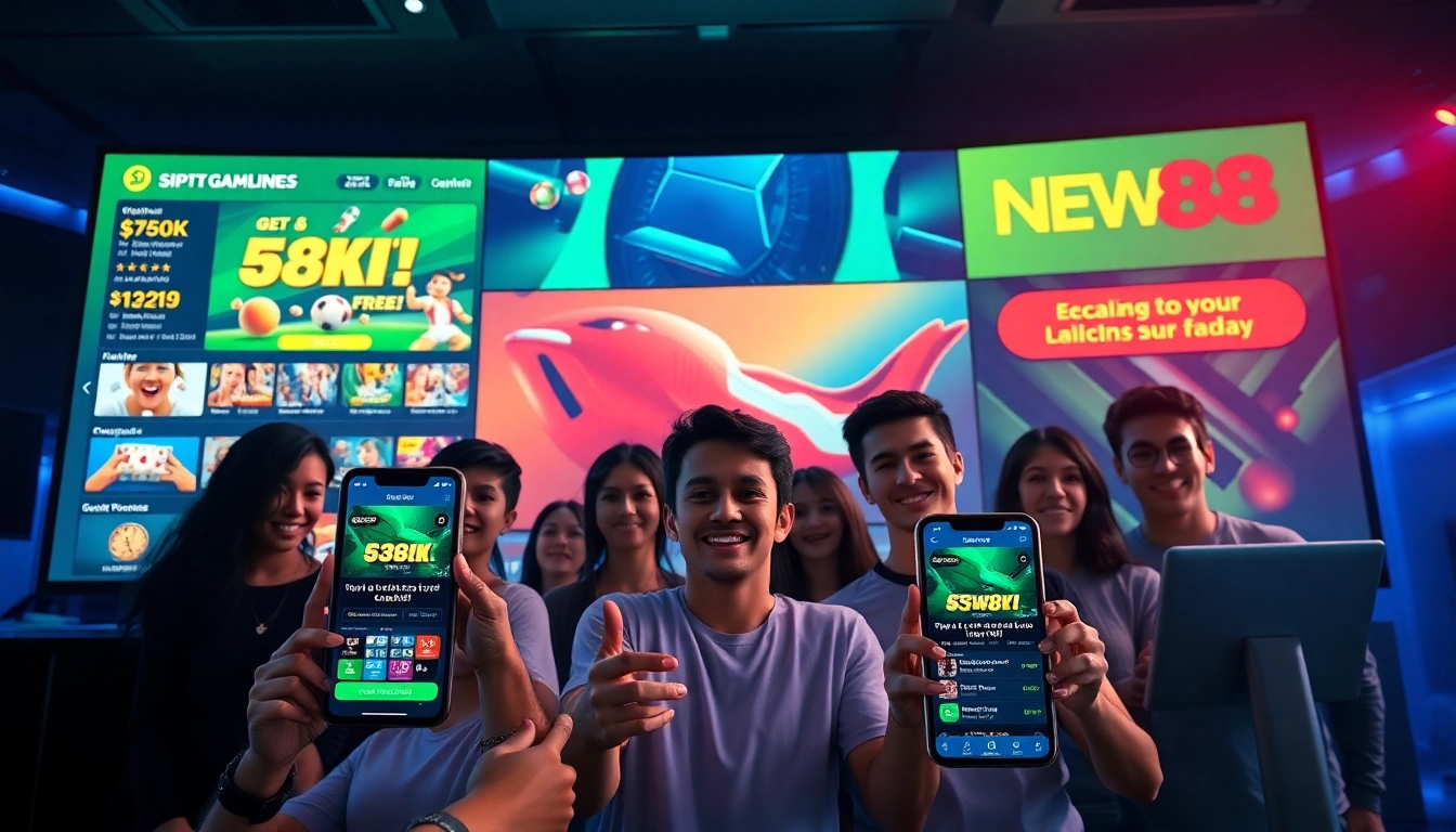 Vibrant online gambling interface at new88go.com showcasing games, promotions, and happy users.