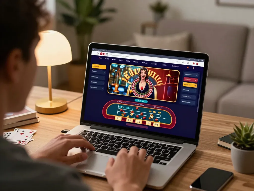 Engaging with go8 live dealer games on a laptop, showcasing a cozy home gaming setup.