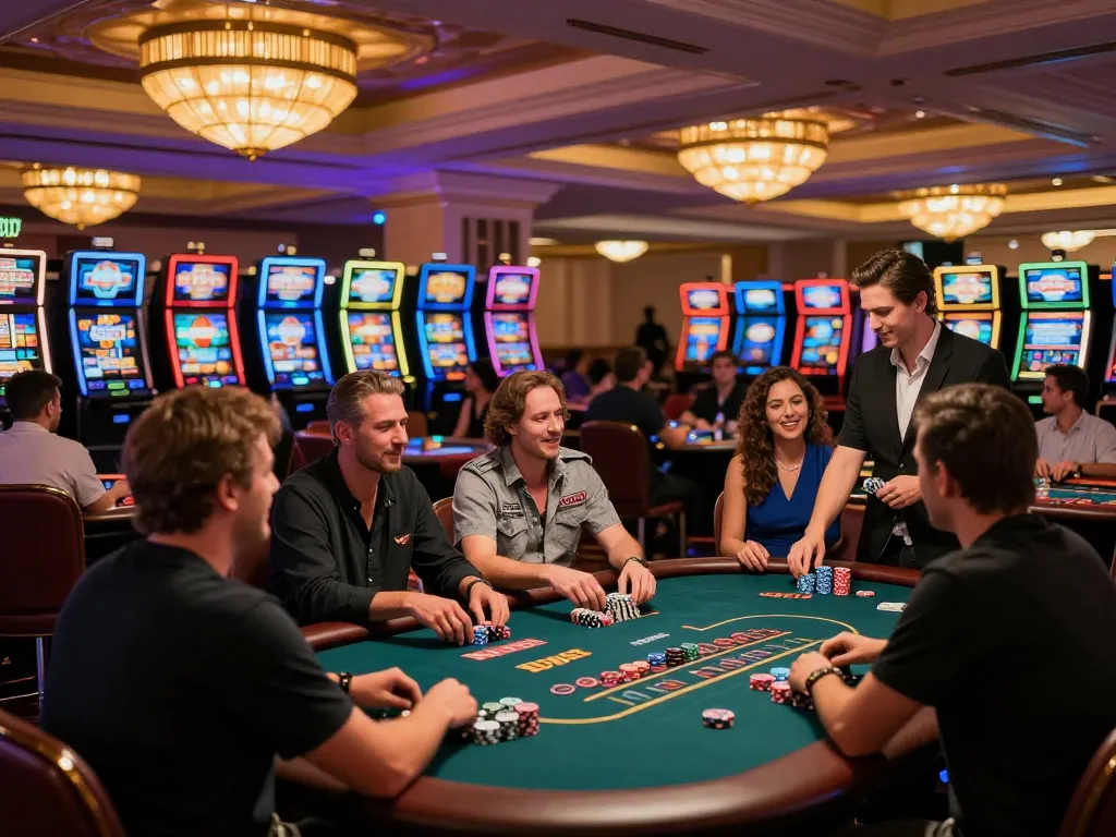 Action at the upscale casino floor highlights players enjoying a strategic game of poker under the warm glow of ambient lighting, capturing the engaging essence of nhacaiuytinn.