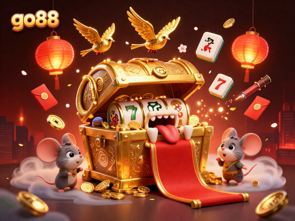 Join the go88 adventure with a golden treasure chest, slot reels, and festive elements in a lively 3D scene.