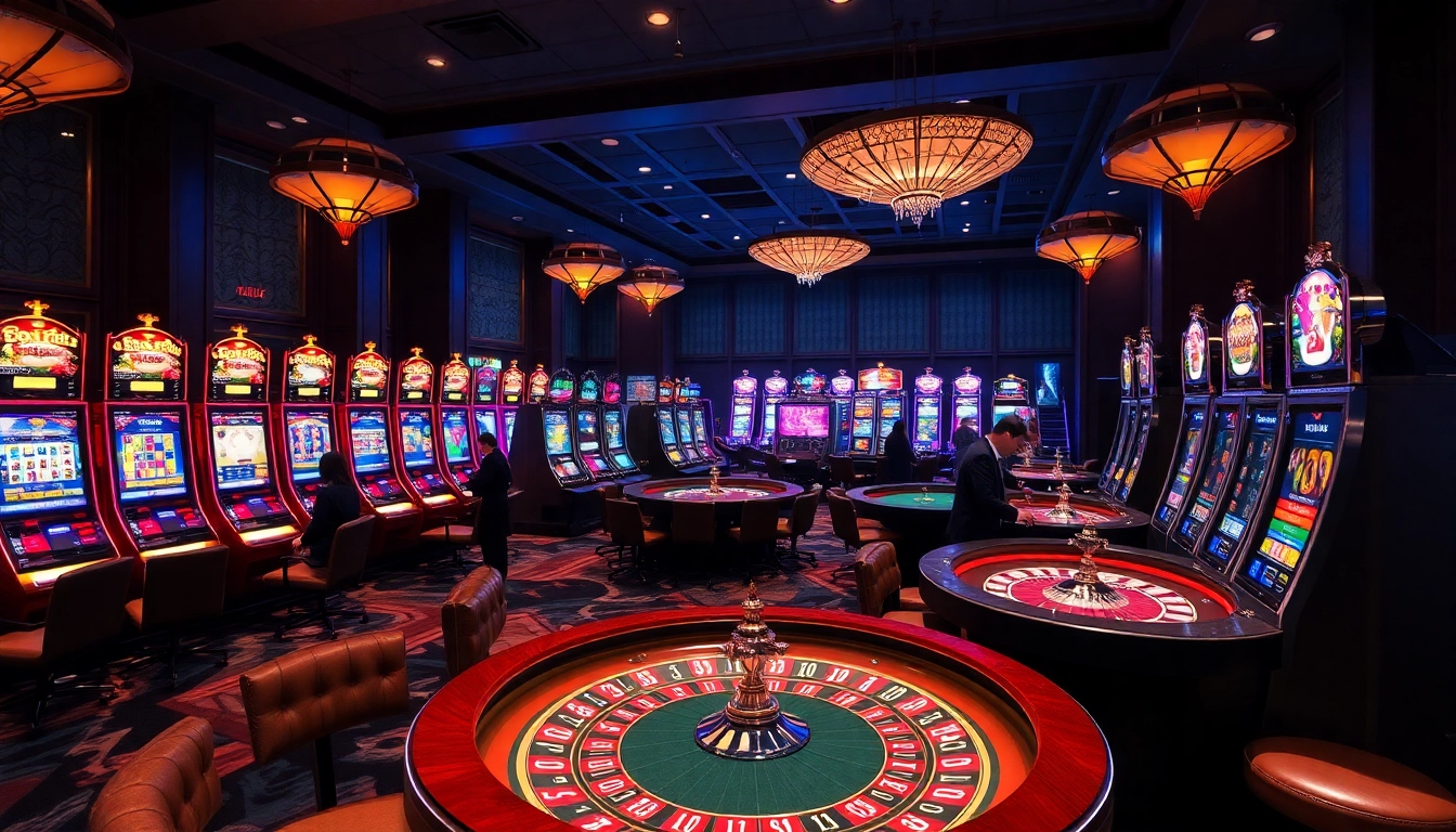 Nohu slot machines and poker chips create a vibrant gambling atmosphere for excited players.