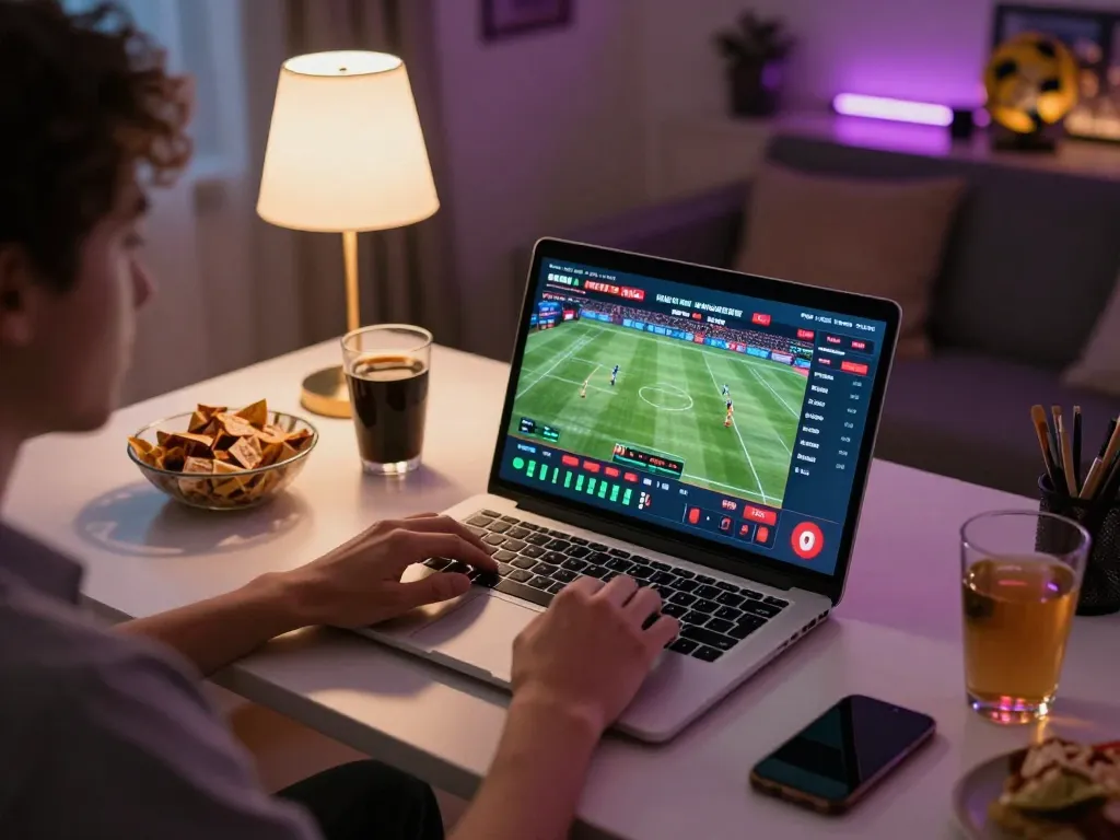 N88 sports betting experience at home with live match on laptop, highlighting strategic wagers and excitement.