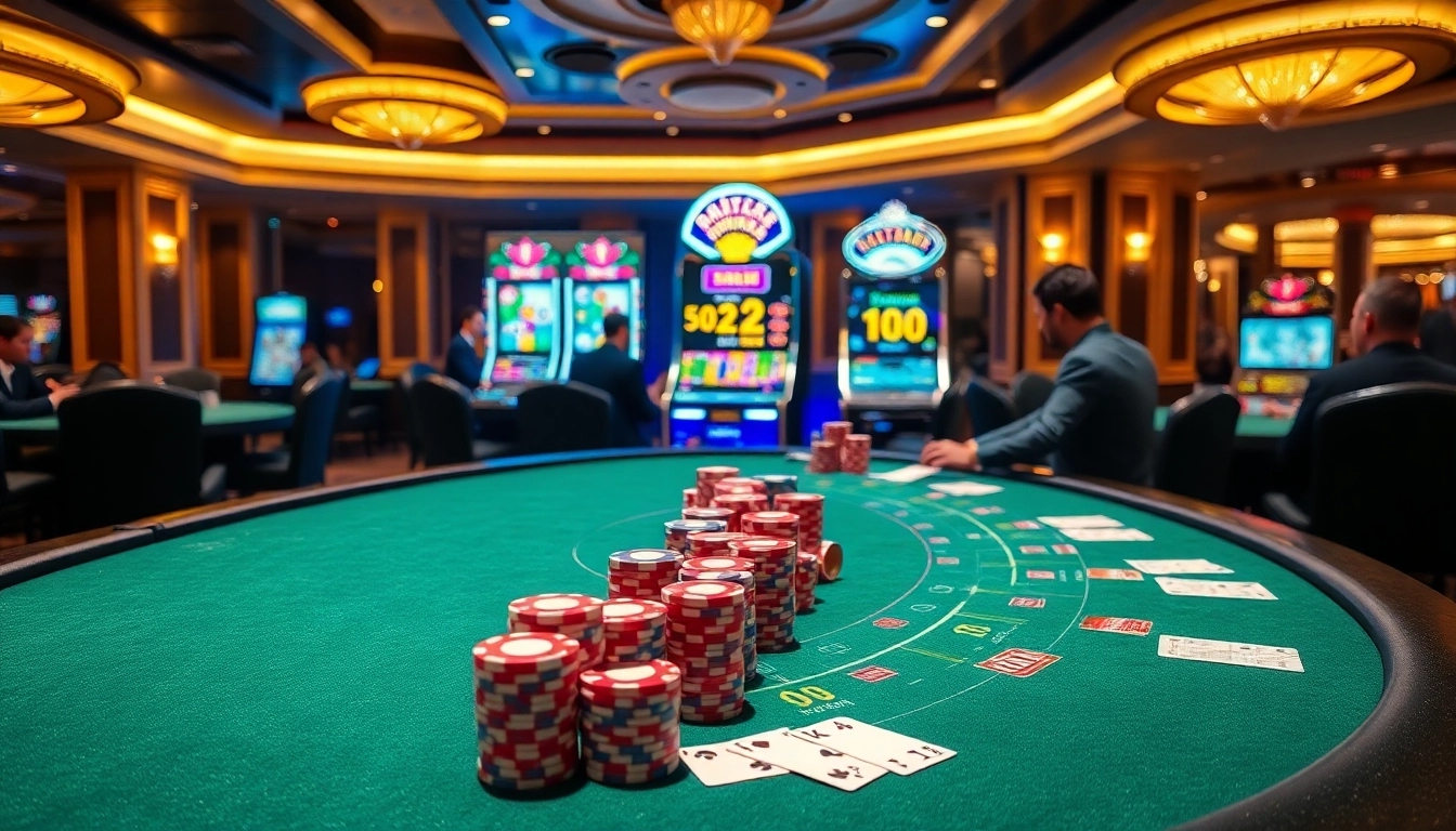 Experience the thrill at a Nhà cái uy tín casino, showcasing vibrant tables, poker chips, and players in action.