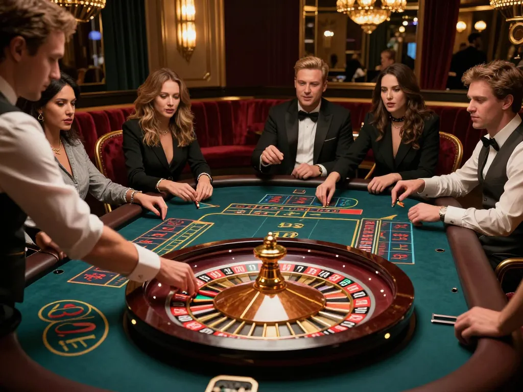 Players engaging in a strategic roulette play at hitclub with luxurious decor and lively atmosphere