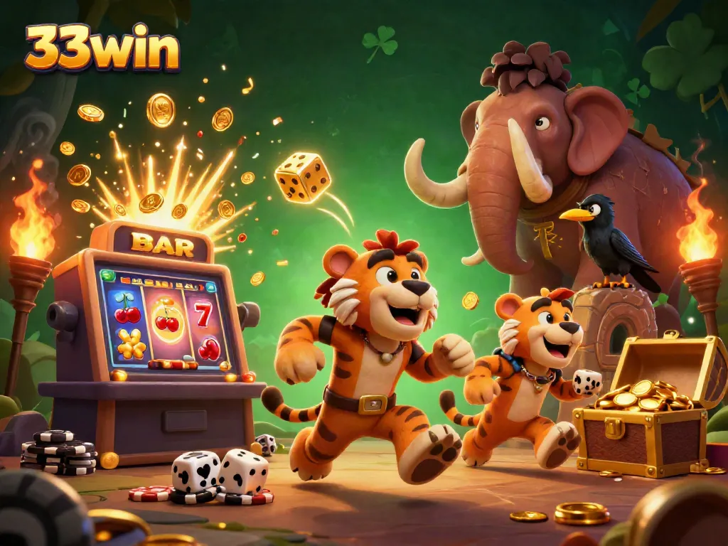 Experience the thrill of 33win in a dynamic prehistoric casino adventure with caveman and tiger!