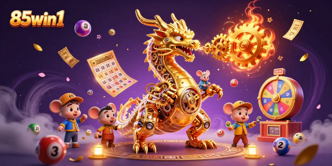 Experience thrilling gameplay at 85win1 with vibrant lottery balls and a dynamic casino scene.