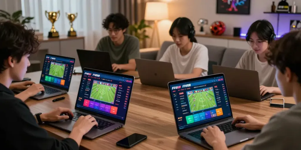 Players enjoying sports betting on FIVE88 platform in a cozy living room.