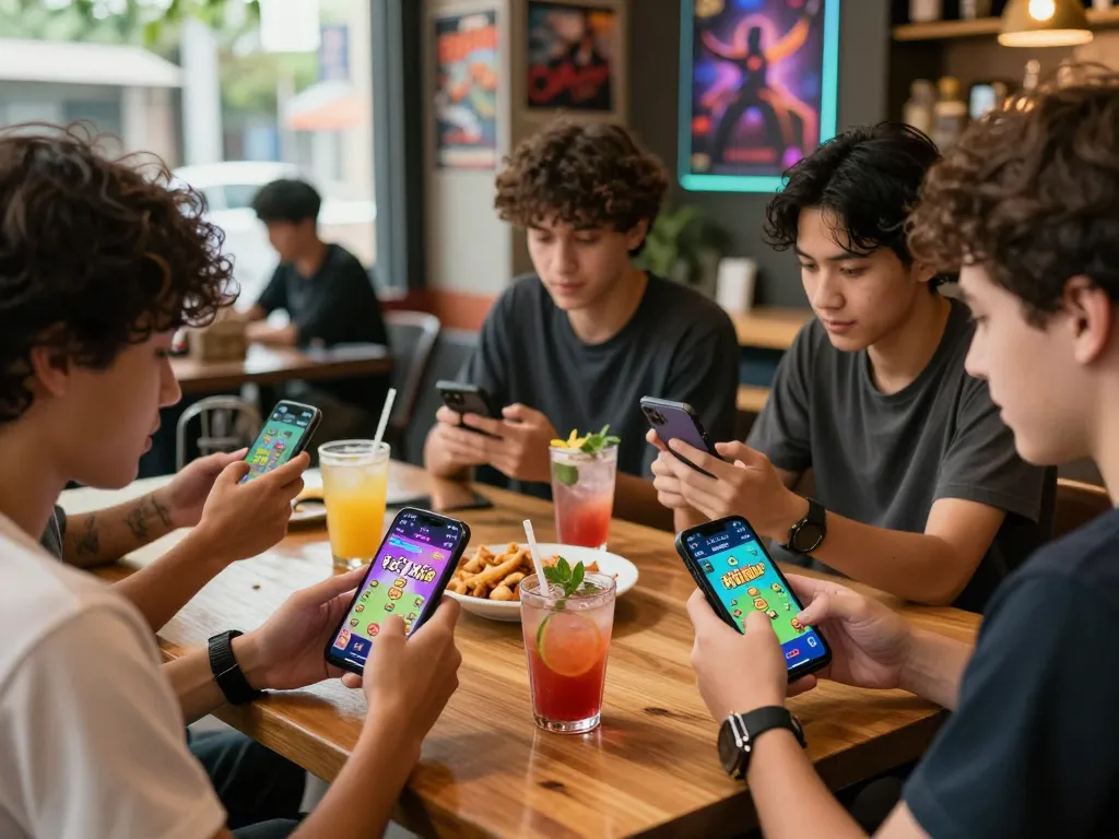 Friends using Hitclub tải gaming app at a cozy café, showcasing vibrant game interfaces and lively interaction.