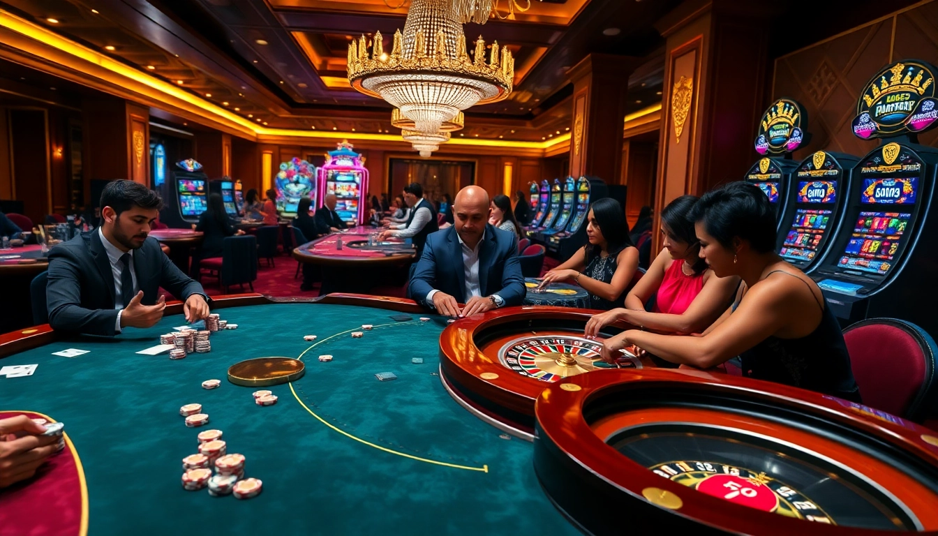 Experience thrilling games at https://hu88.za.com/ in a luxurious casino environment with vibrant tables and players.