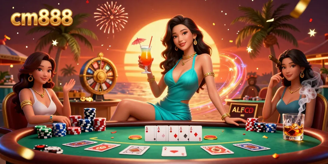 Win big at cm888 with a stunning Asian beauty celebrating in a vibrant casino scene, complete with poker elements.