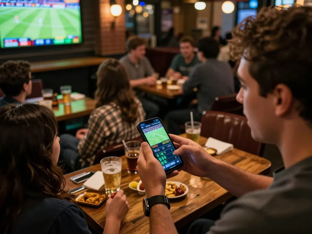 Soi kèo sports betting action with player enthusiastically placing bets on smartphone while enjoying live matches in a social setting.