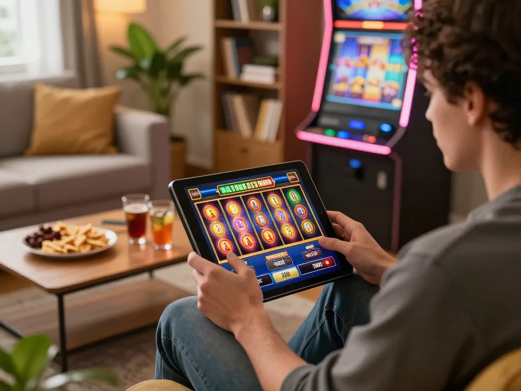 Engaging user playing slots at nhà cái jun88 on a tablet in a cozy home setting