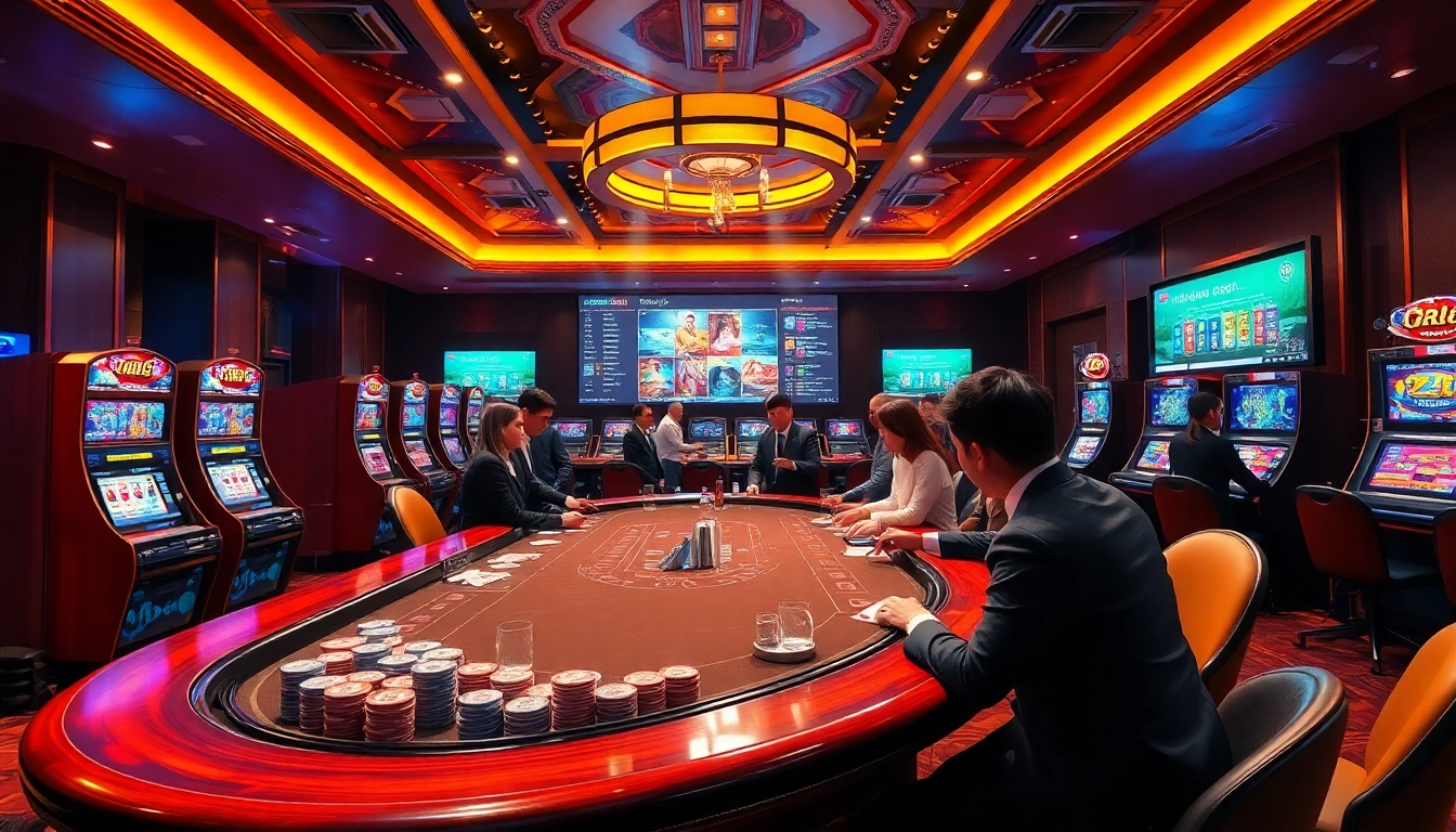 Players enjoying a thrilling game at qh88 online casino with vibrant slot machines and poker chips.